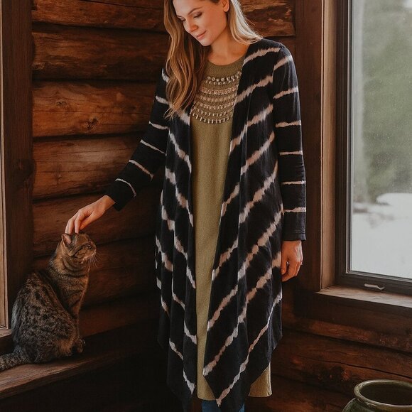 Soft Surroundings Sweaters - Soft Surroundings Navy Tie Dye Waterfall Drape Open Front Cardigan Wrap Size M